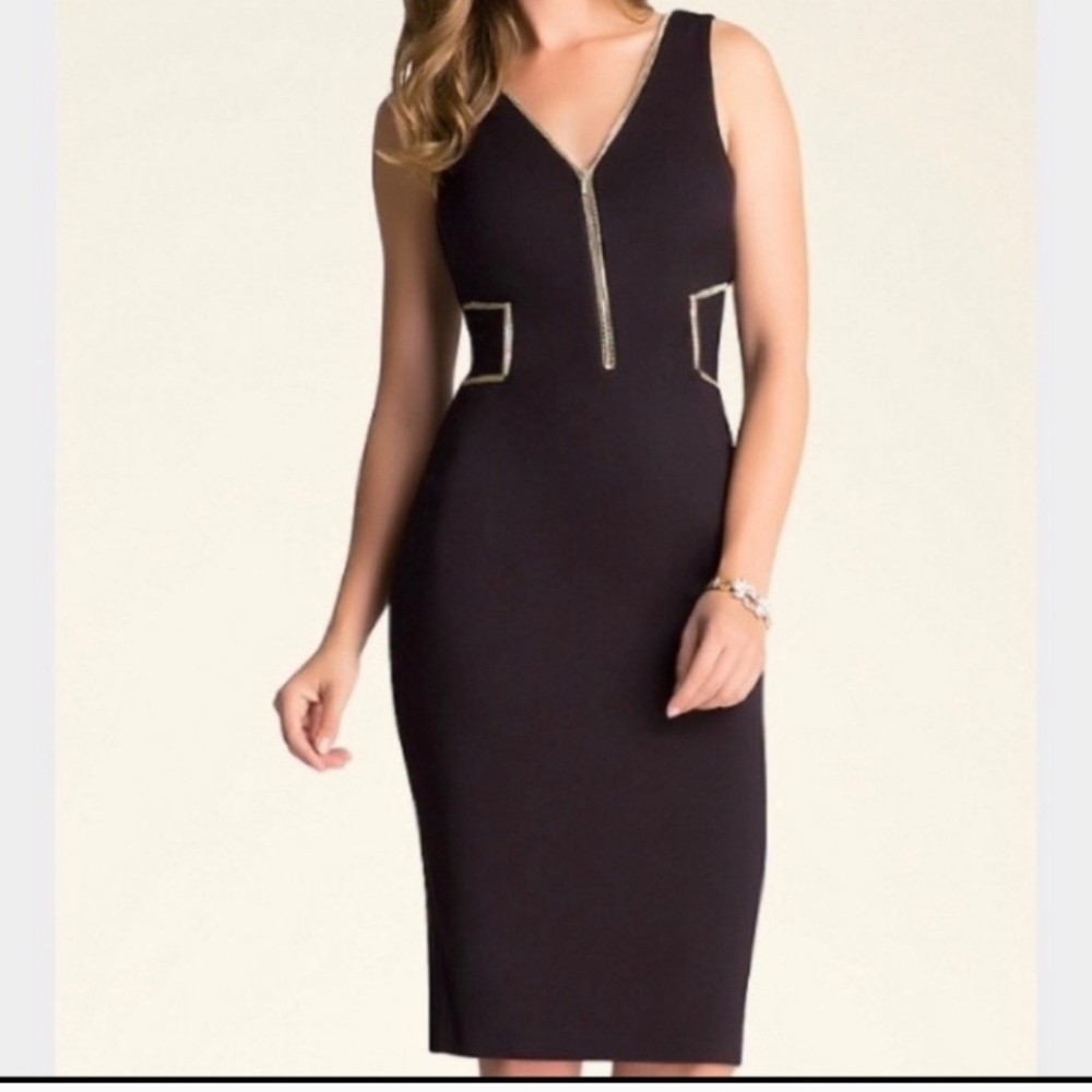 NEW Bebe Sexy Double Zipper Trim V Neck & Back Midi Dress Large